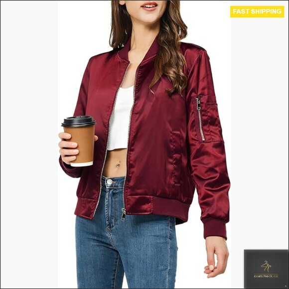 Satin Bomber Jacket Zip Up Varsity Windbreaker with Pockets